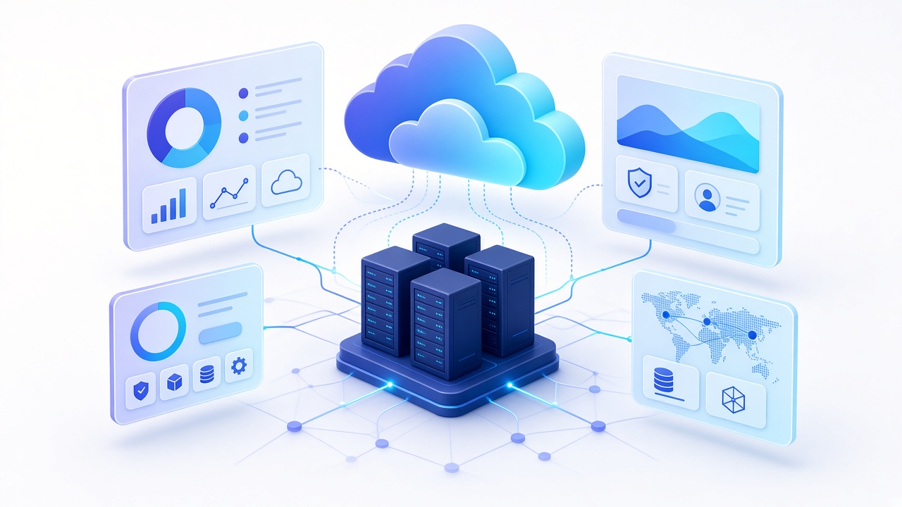 Illustration of cloud infrastructure, dashboards and server racks