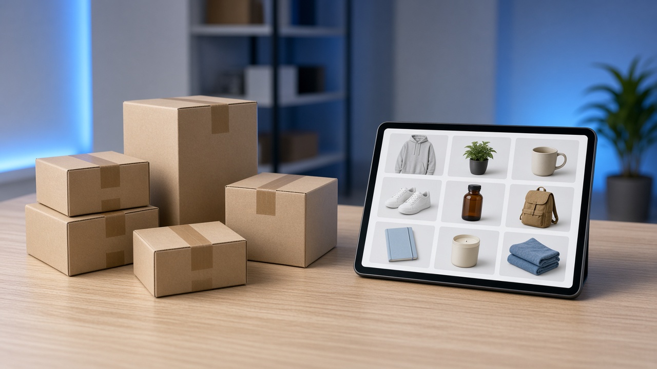 Parcels prepared for dispatch next to a tablet showing an online store