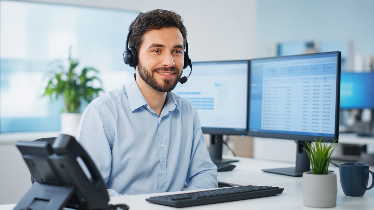 IT support specialist with a headset at a helpdesk